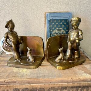 Vintage Brass Finish Bookends Sailor Boy & Dog